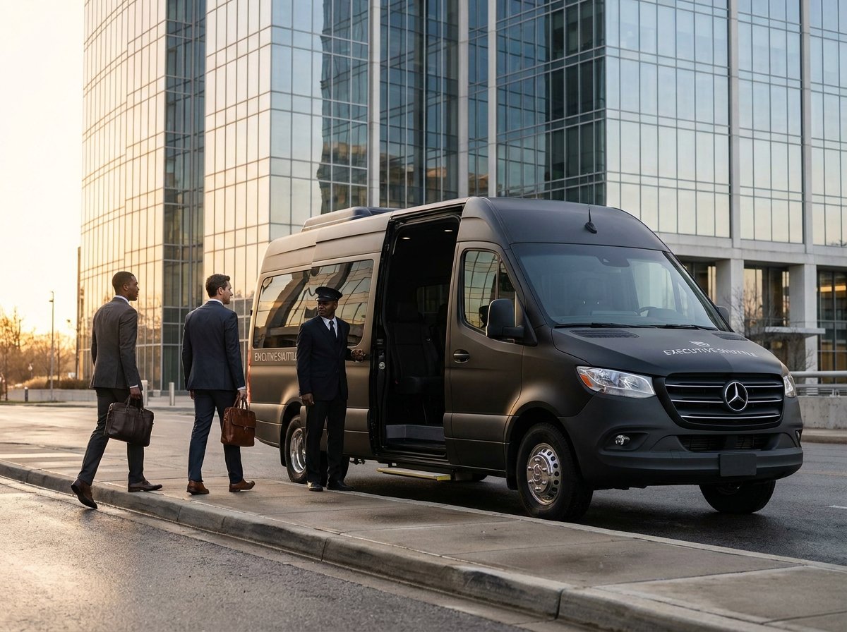 Executives boarding a Sprinter outside a corporate office