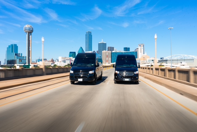 JB Luxe Mercedes-Benz Sprinters with the Dallas skyline